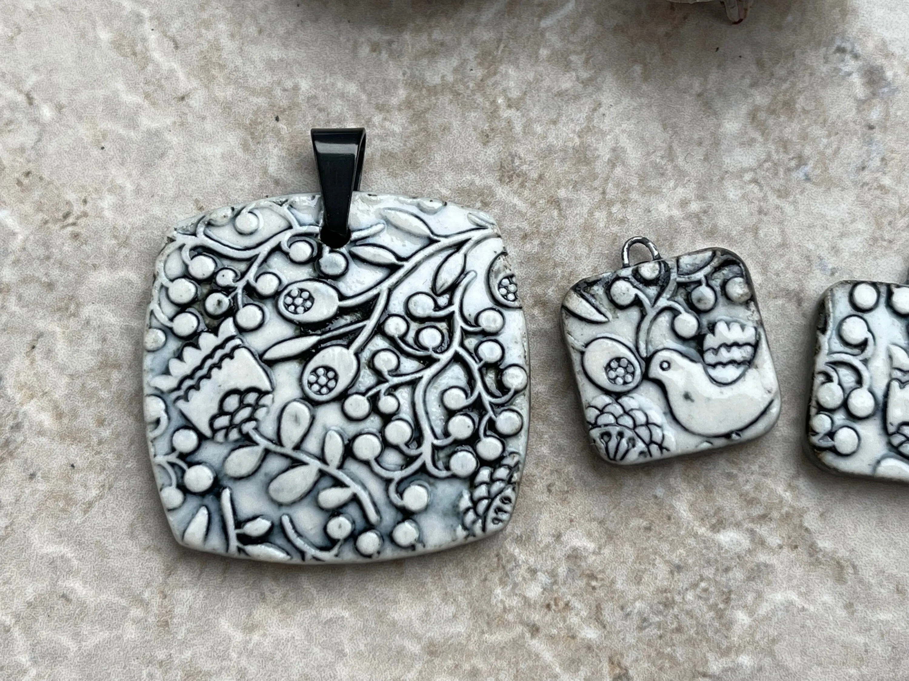 Black and White Tulip Pendant and Charms, Scandinavian Square Pendant, Porcelain Ceramic Pendant, Artisan Pendant, Jewelry Makin