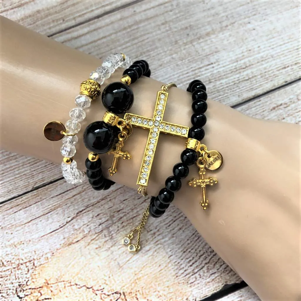 Black Onyx Beaded Bracelets and Gold Cross Bracelets