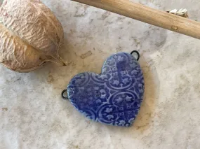 Blue Heart Pendant, Romantic Pattern, Double Wire Heart Pendant, Porcelain Ceramic Pendant, Artisan Pendant, Jewelry Making Comp