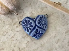 Blue Heart Pendant, Talavera Tile Pattern, Double Wire Heart Pendant, Porcelain Ceramic Pendant, Artisan Pendant, Jewelry Making