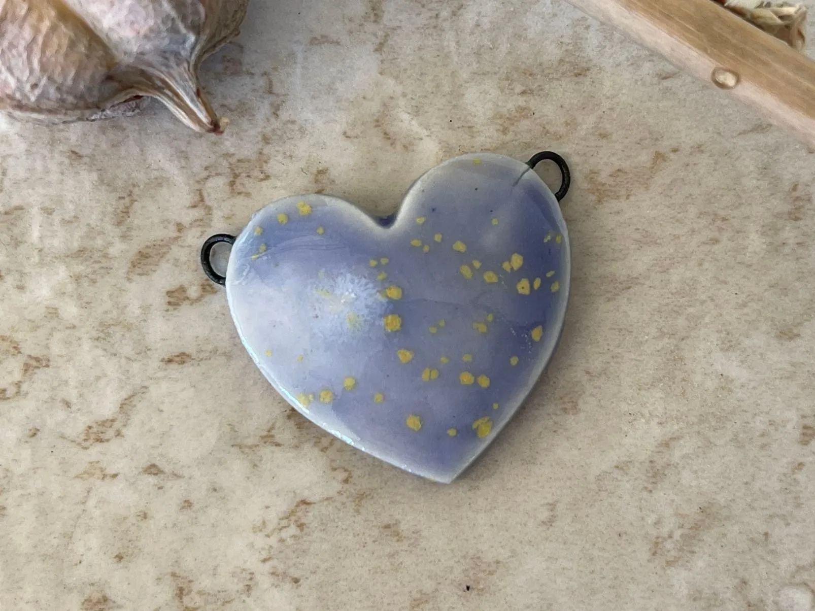 Blue Heart Pendant with Gold Flecks, Double Wire Heart Pendant, Porcelain Ceramic Pendant, Artisan Pendant, Jewelry Making Compo