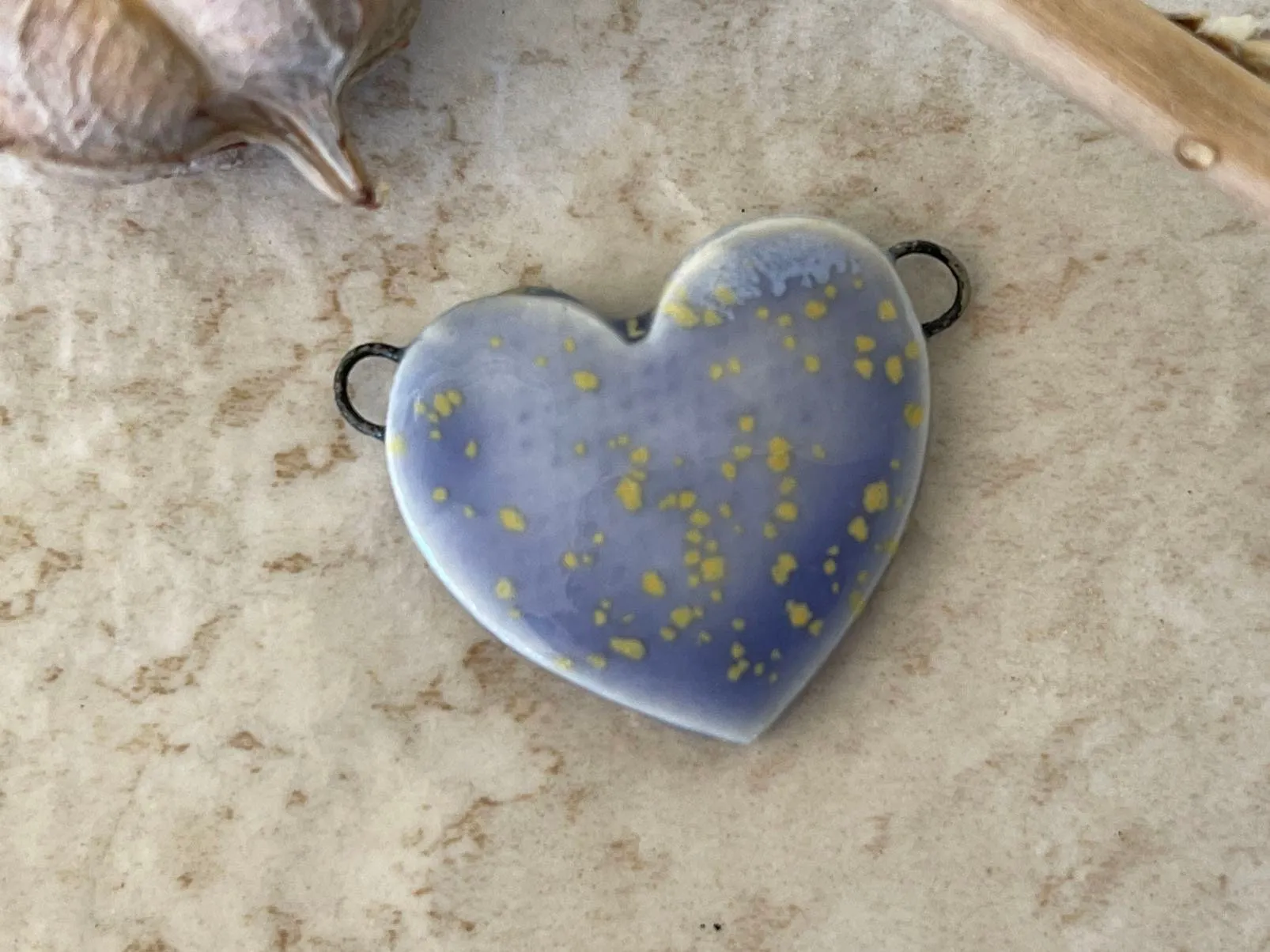 Blue Heart Pendant with Gold Flecks, Double Wire Heart Pendant, Porcelain Ceramic Pendant, Artisan Pendant, Jewelry Making Compo