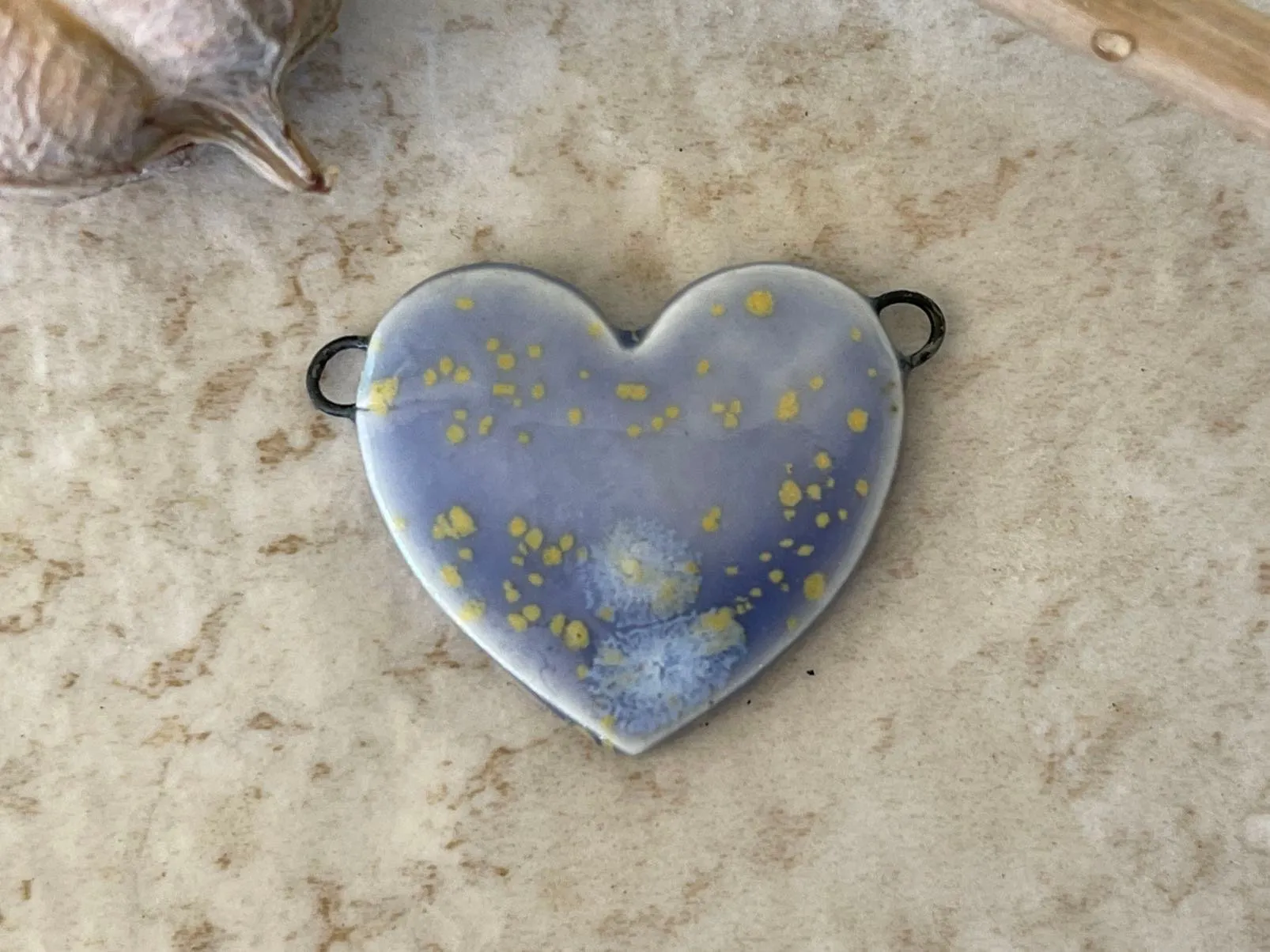 Blue Heart Pendant with Gold Flecks, Double Wire Heart Pendant, Porcelain Ceramic Pendant, Artisan Pendant, Jewelry Making Compo