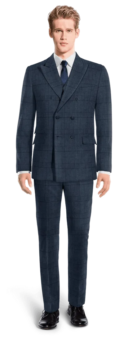 Blue prince of wales lightweight linen double-breasted Three piece Suit