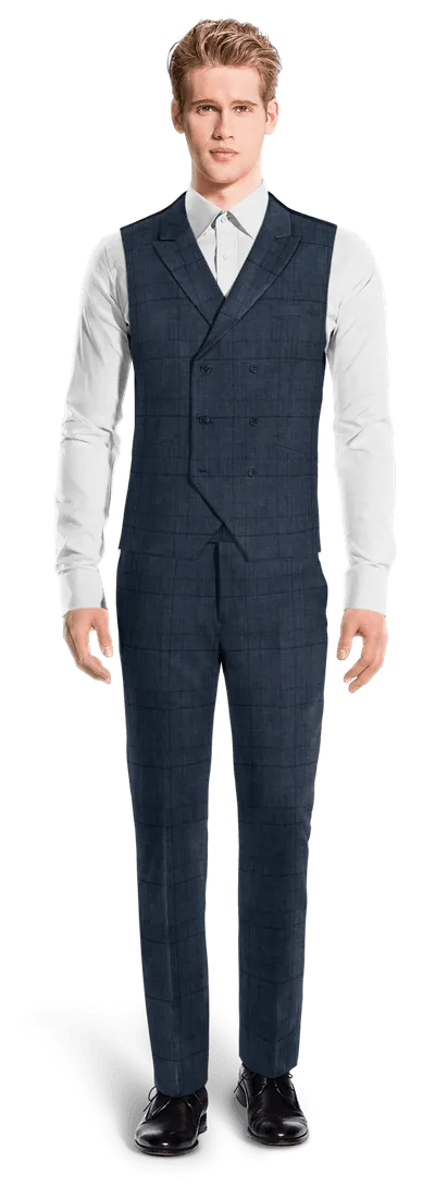 Blue prince of wales lightweight linen double-breasted Three piece Suit