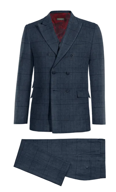 Blue prince of wales lightweight linen double-breasted Three piece Suit