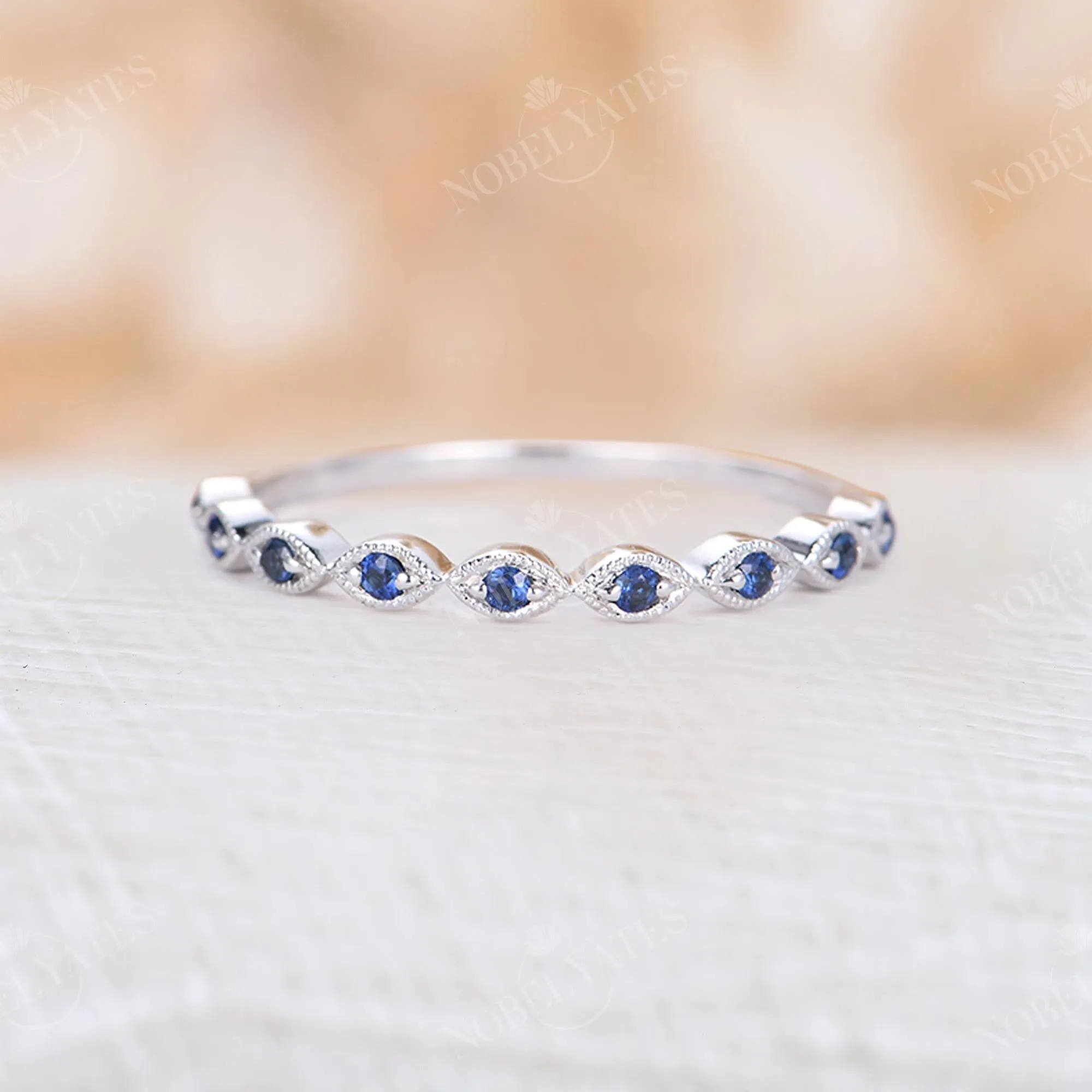 Blue Sapphire Milgrain Wedding Band White Gold