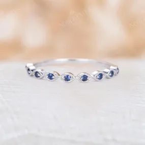 Blue Sapphire Milgrain Wedding Band White Gold