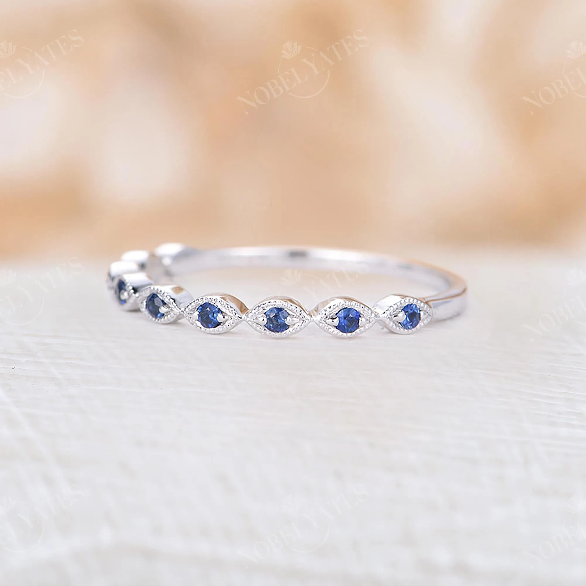 Blue Sapphire Milgrain Wedding Band White Gold