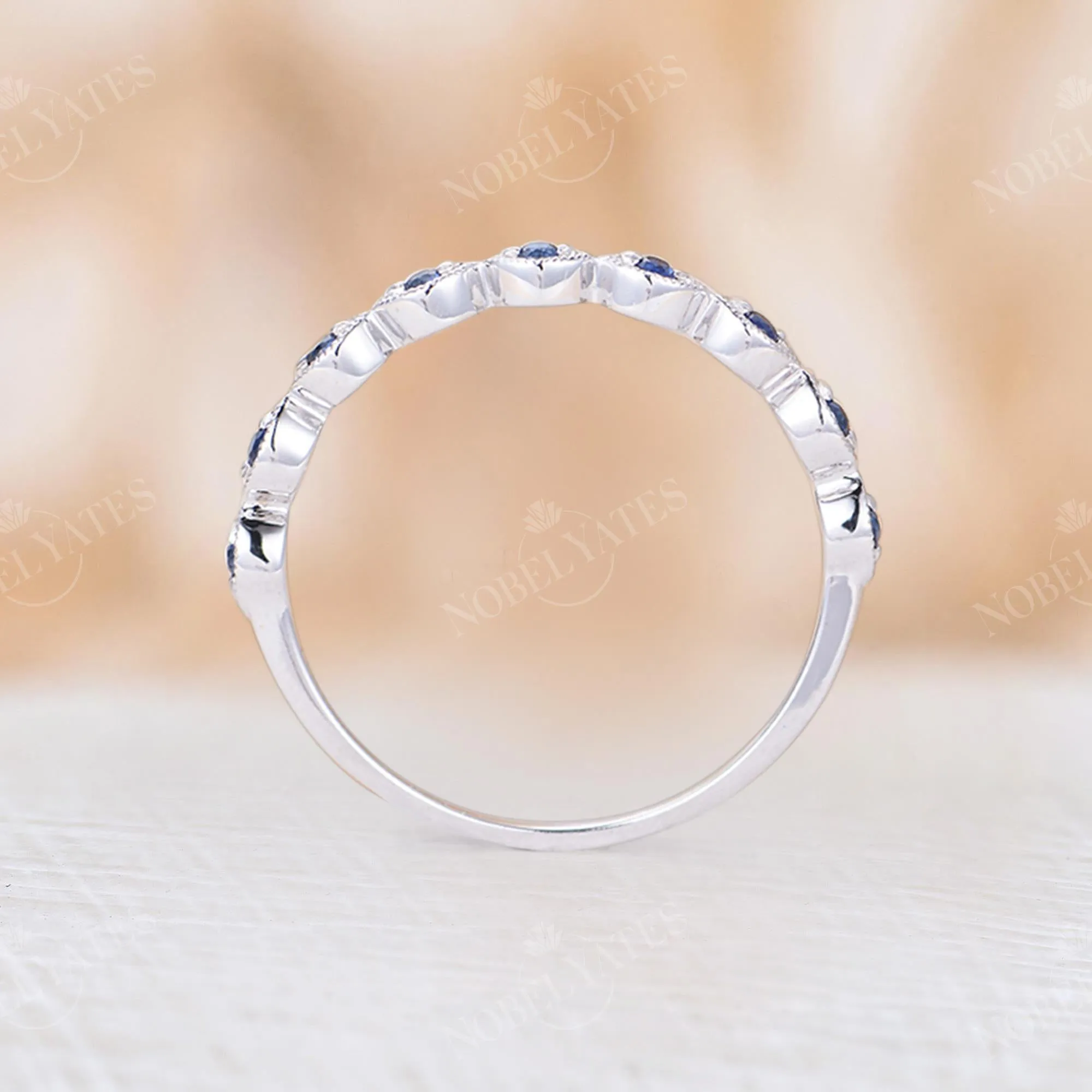 Blue Sapphire Milgrain Wedding Band White Gold