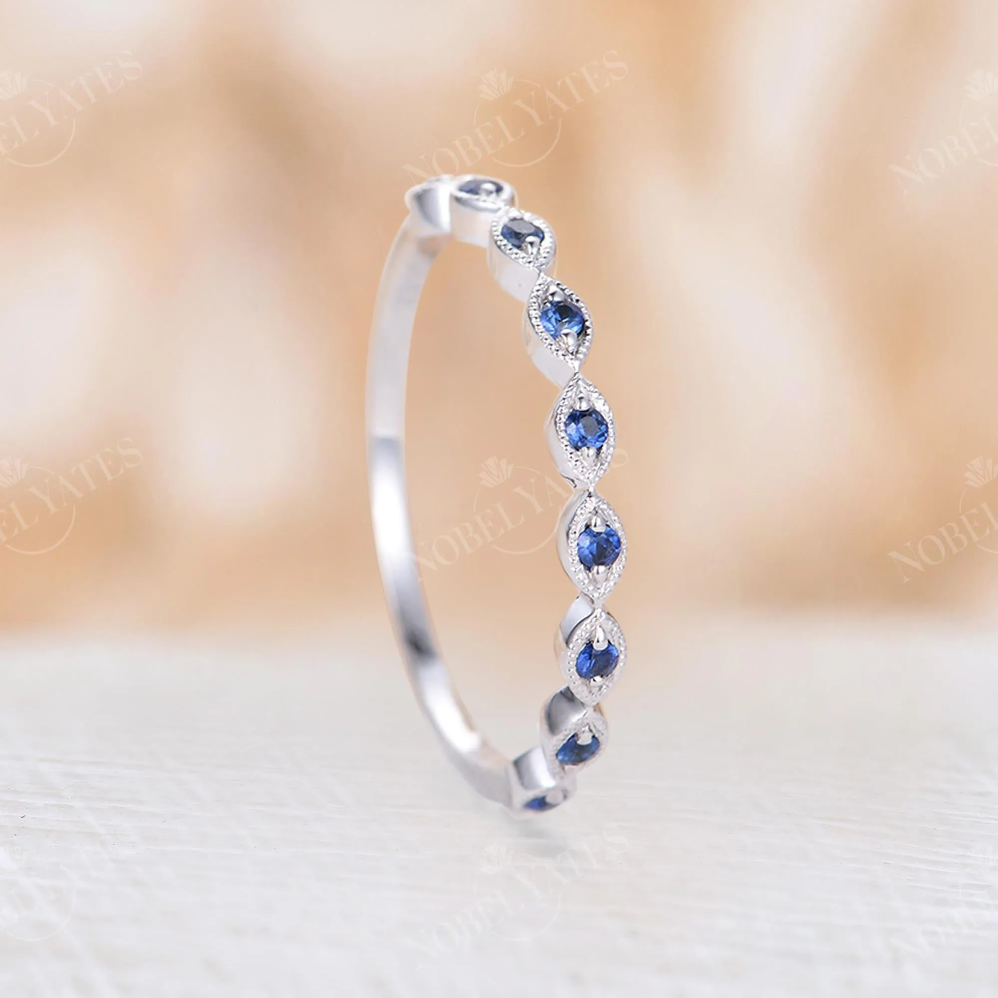 Blue Sapphire Milgrain Wedding Band White Gold