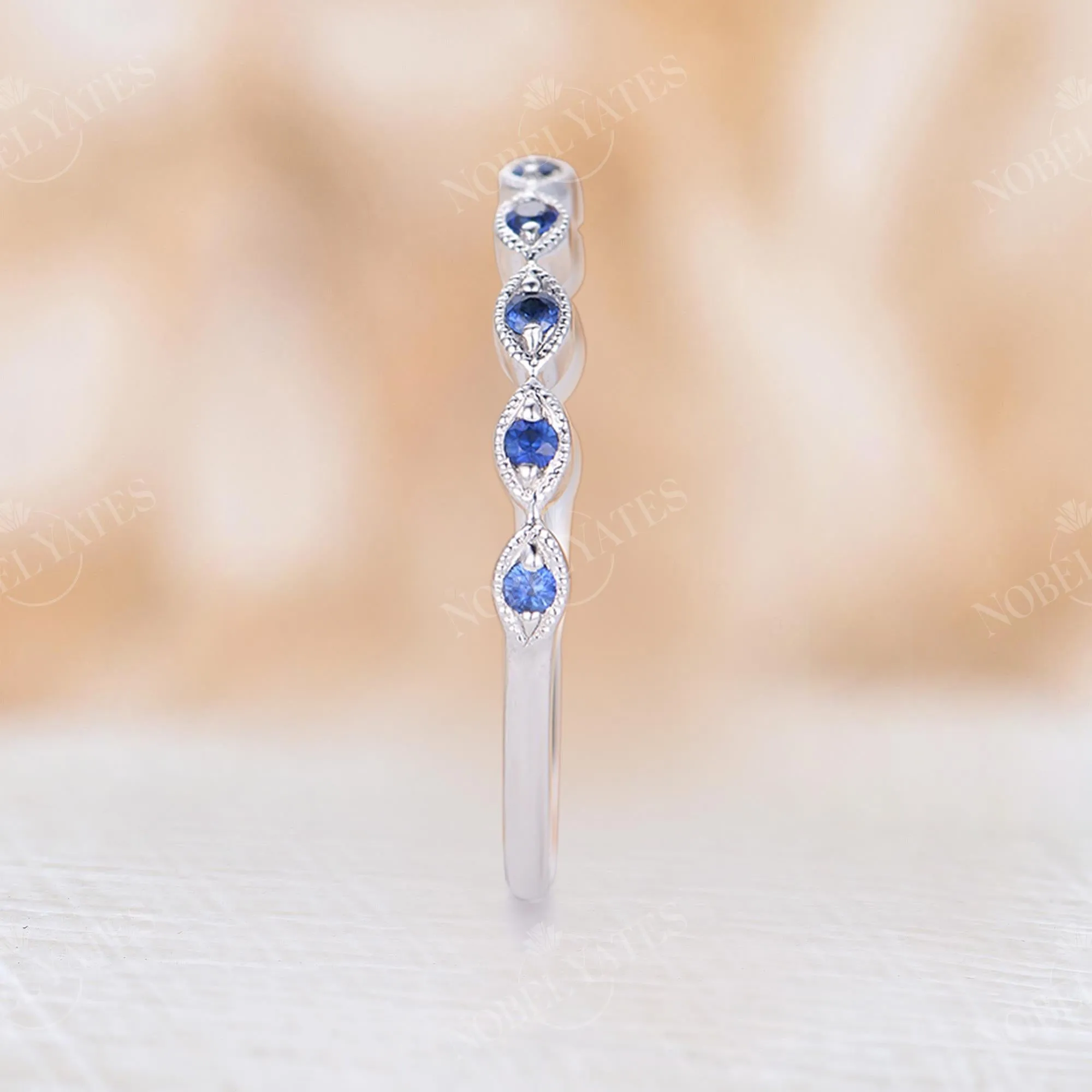 Blue Sapphire Milgrain Wedding Band White Gold