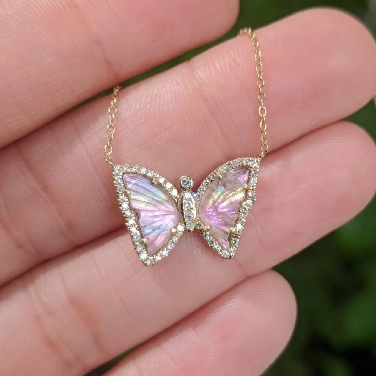 Blush Tourmaline Butterfly Necklace With Pearl and Diamonds