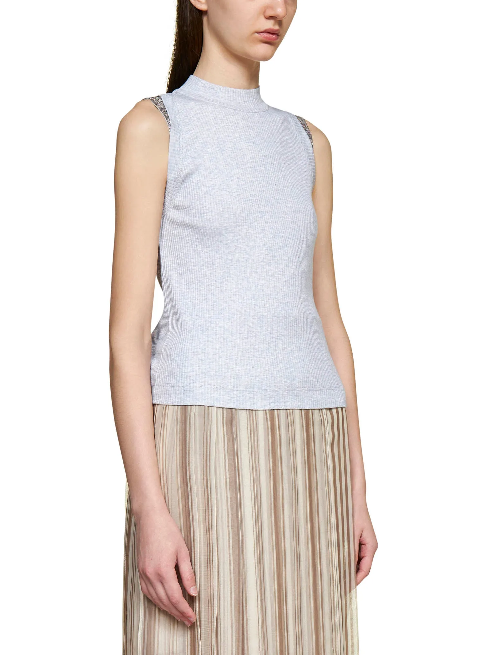 Brunello Cucinelli Contrasted Trim Ribbed Knit Top