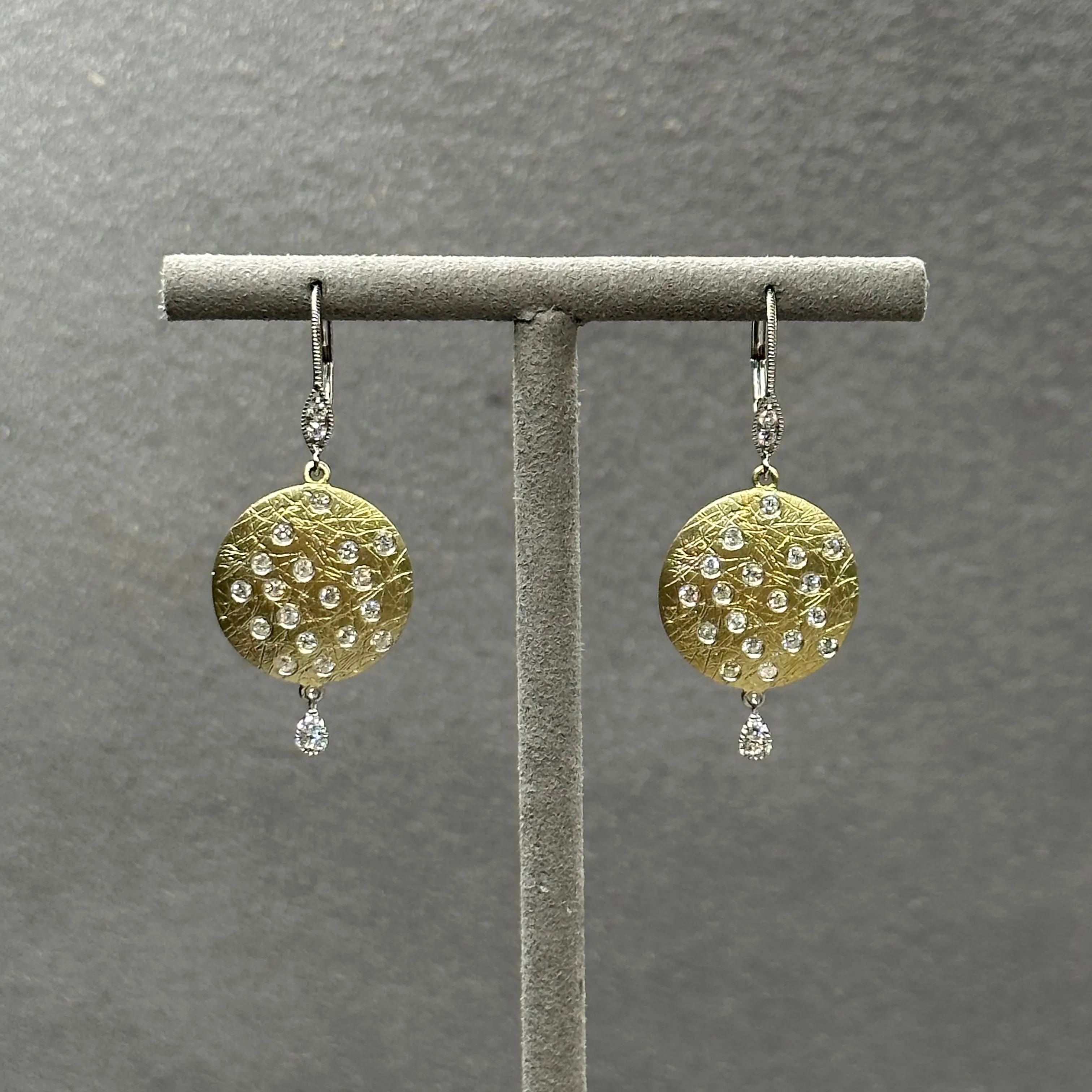 Brushed Gold Disk with Scattered Diamonds Drop Dangle Earrings