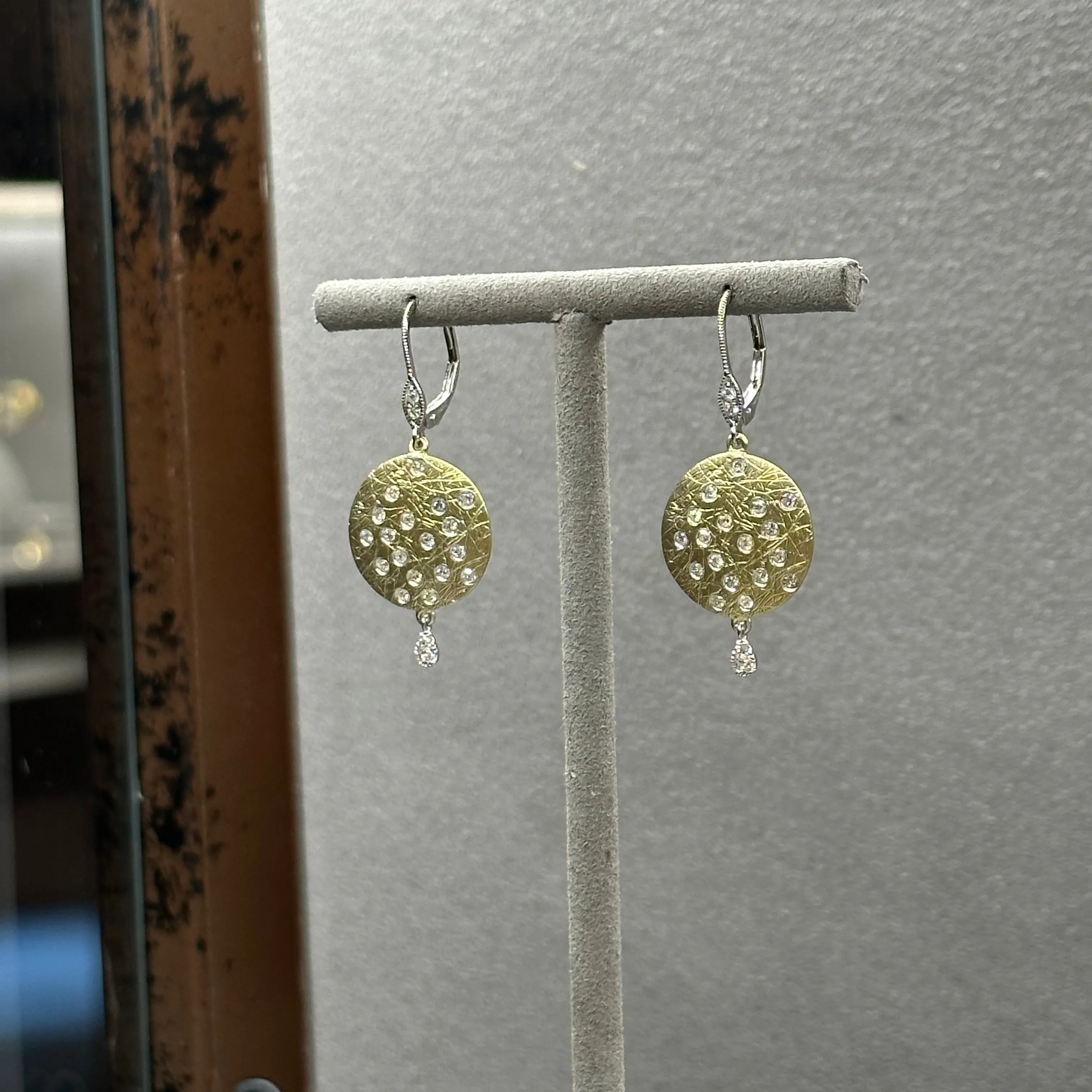 Brushed Gold Disk with Scattered Diamonds Drop Dangle Earrings