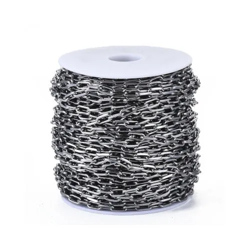 Chain, Iron, Paperclip Chain, Drawn Elongated Cable Chain, Open Link, Gunmetal, 9.2x4.5mm