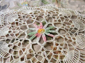 CHARMING Vintage Doily,Beige Pink and Green,Hand Crocheted Doily Farmhouse Decor, French Country Cottage,Unique Design Collectib