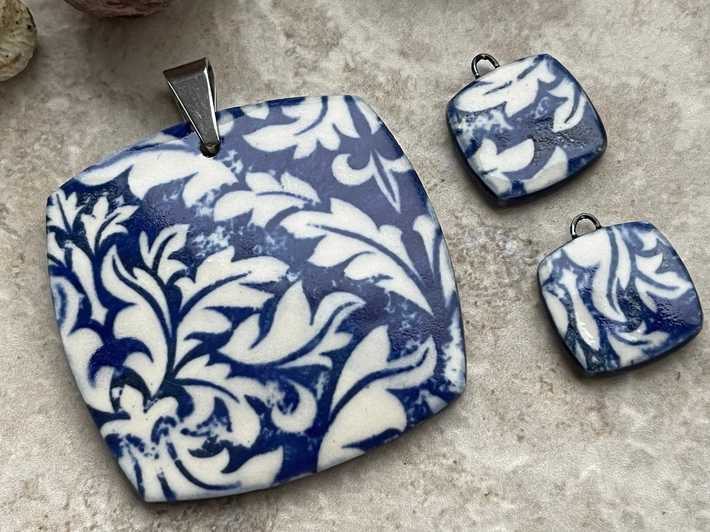 Cobalt Damask Pendant and Charms, Blue and White Square Pendant, Porcelain Ceramic Pendant, Artisan Pendant, Jewelry Making Comp