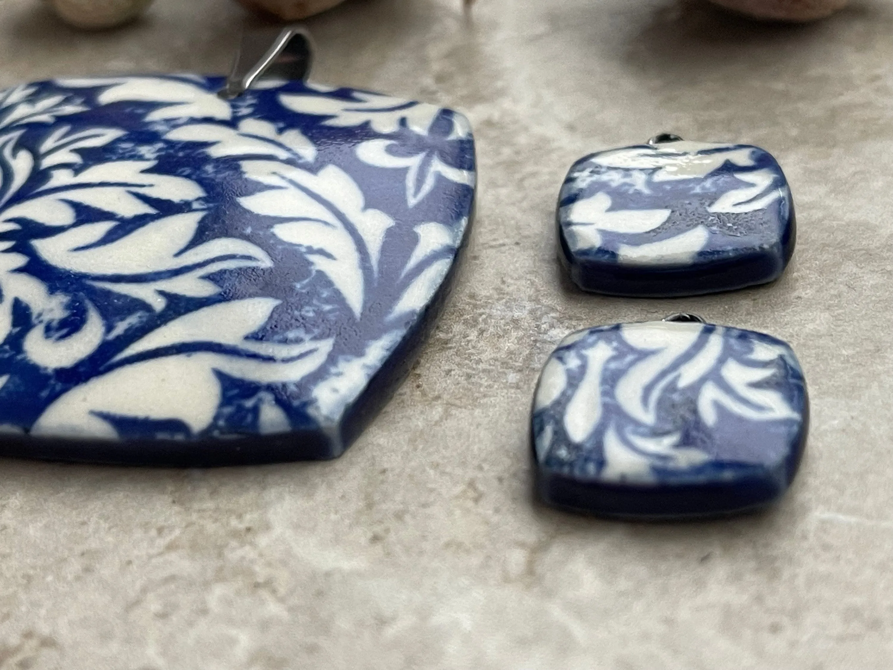 Cobalt Damask Pendant and Charms, Blue and White Square Pendant, Porcelain Ceramic Pendant, Artisan Pendant, Jewelry Making Comp