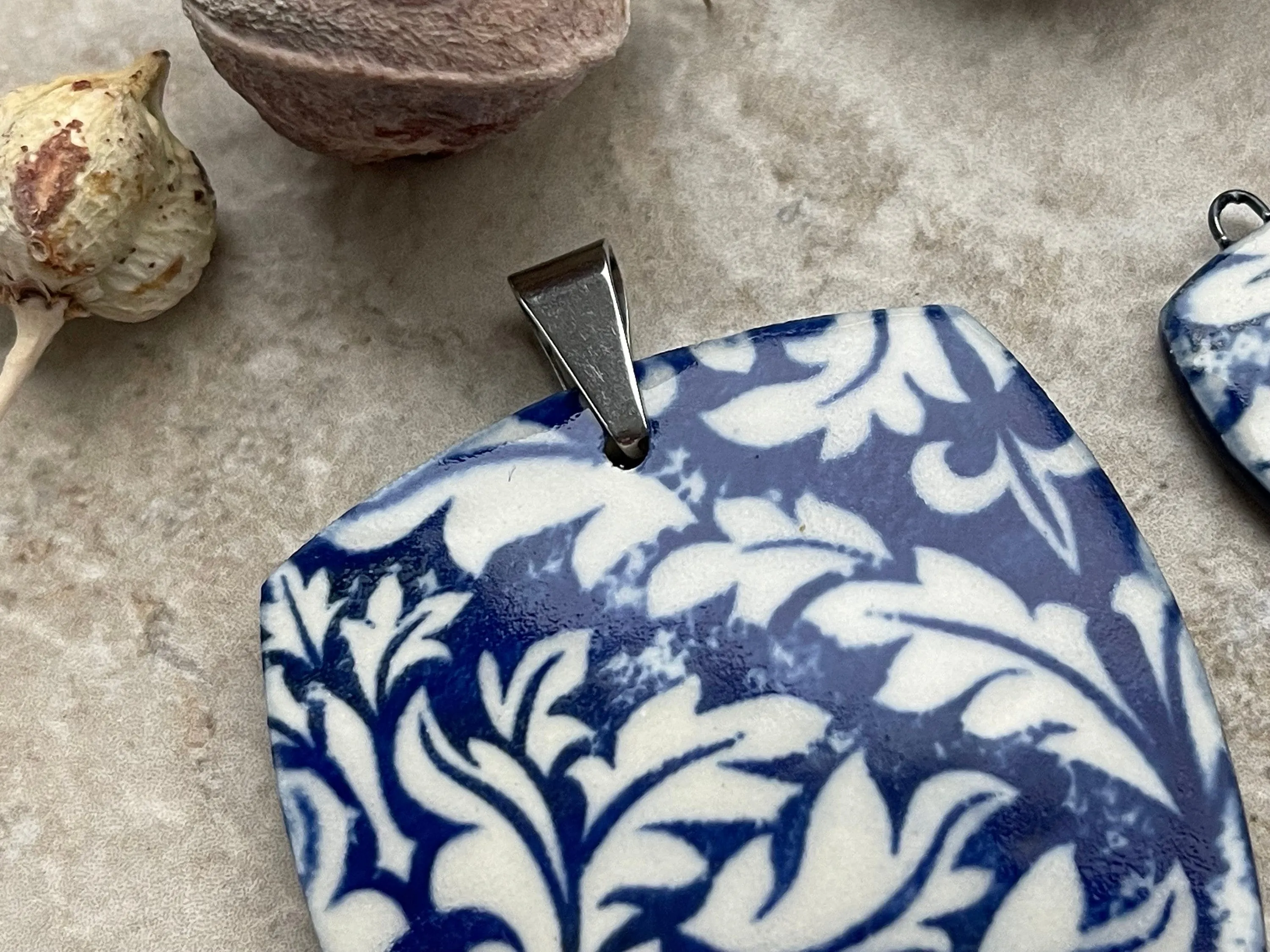 Cobalt Damask Pendant and Charms, Blue and White Square Pendant, Porcelain Ceramic Pendant, Artisan Pendant, Jewelry Making Comp