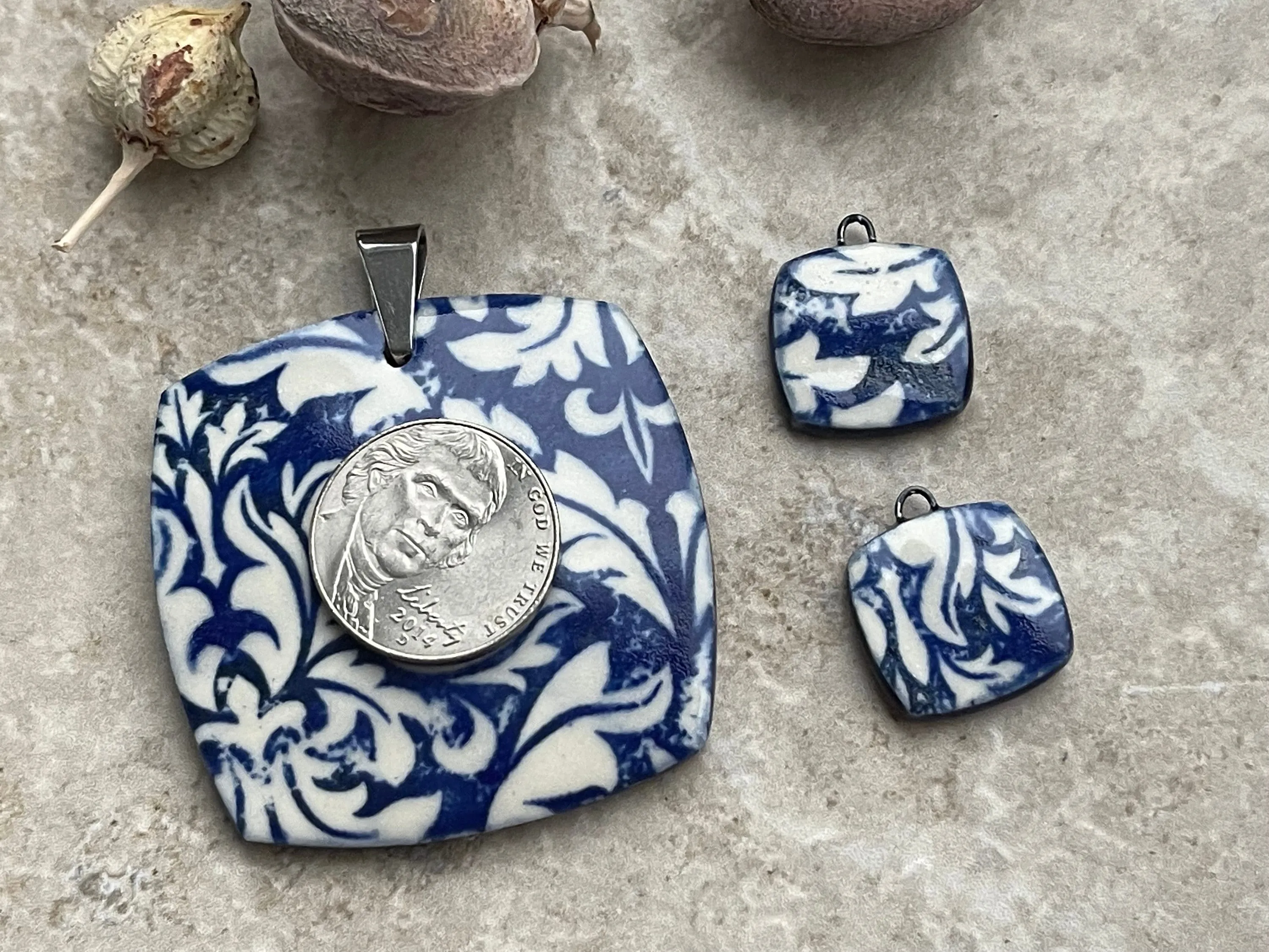 Cobalt Damask Pendant and Charms, Blue and White Square Pendant, Porcelain Ceramic Pendant, Artisan Pendant, Jewelry Making Comp