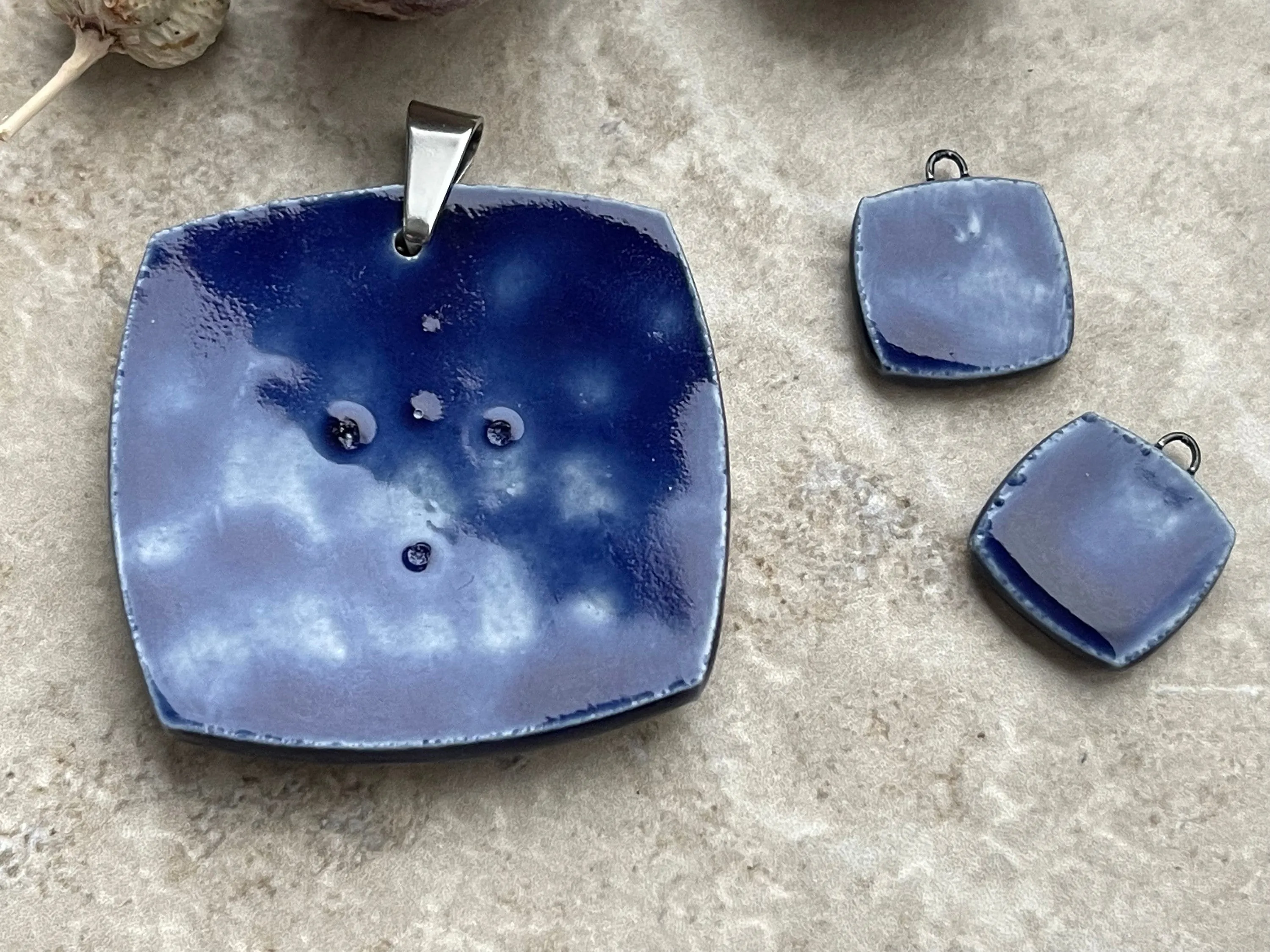 Cobalt Damask Pendant and Charms, Blue and White Square Pendant, Porcelain Ceramic Pendant, Artisan Pendant, Jewelry Making Comp