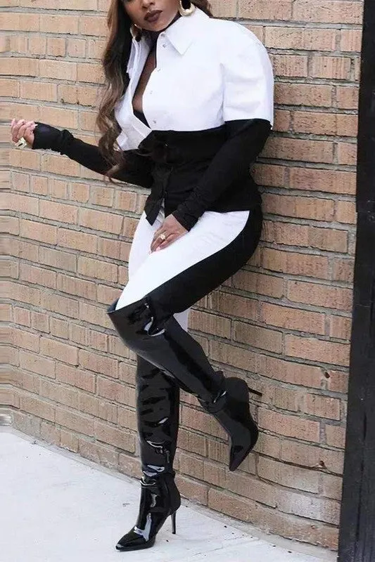 Colorblock Long Sleeve Buttoned Top Pants Set