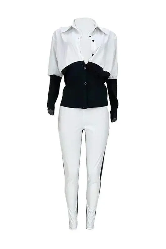 Colorblock Long Sleeve Buttoned Top Pants Set