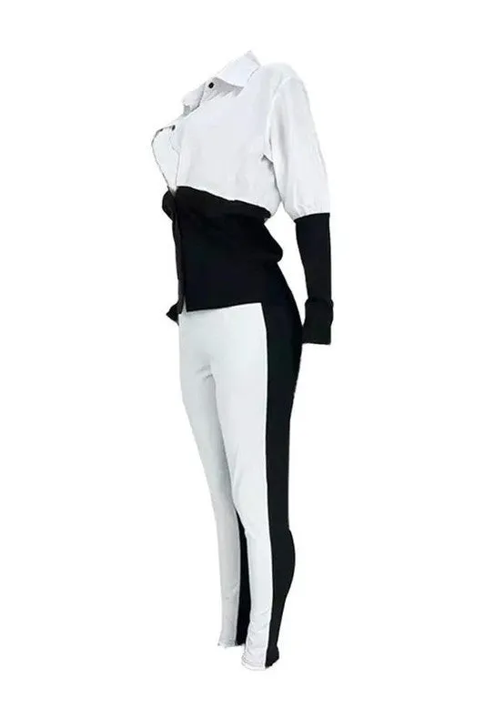 Colorblock Long Sleeve Buttoned Top Pants Set