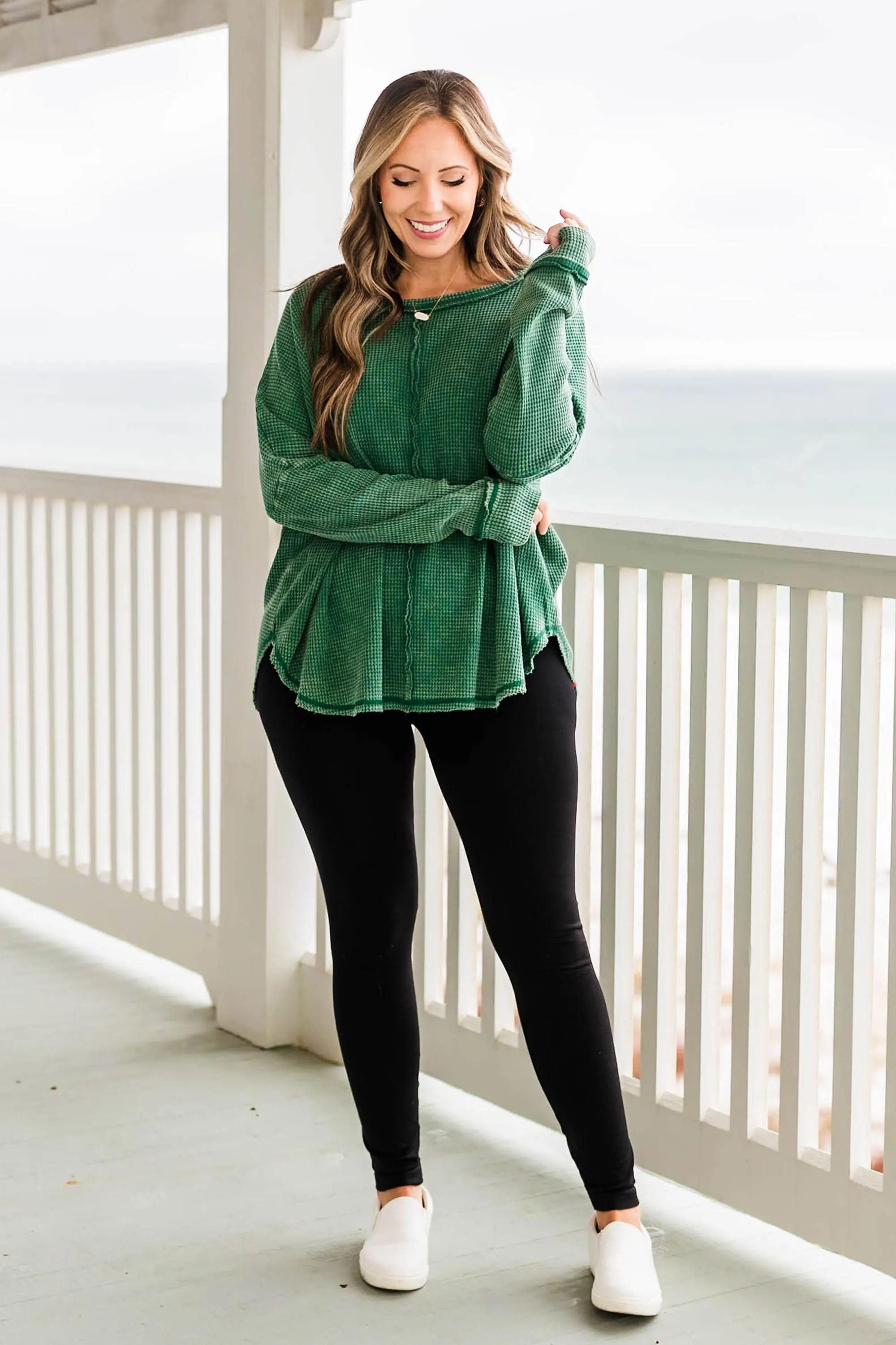 Cozy Waffle Pullover, Dark Green