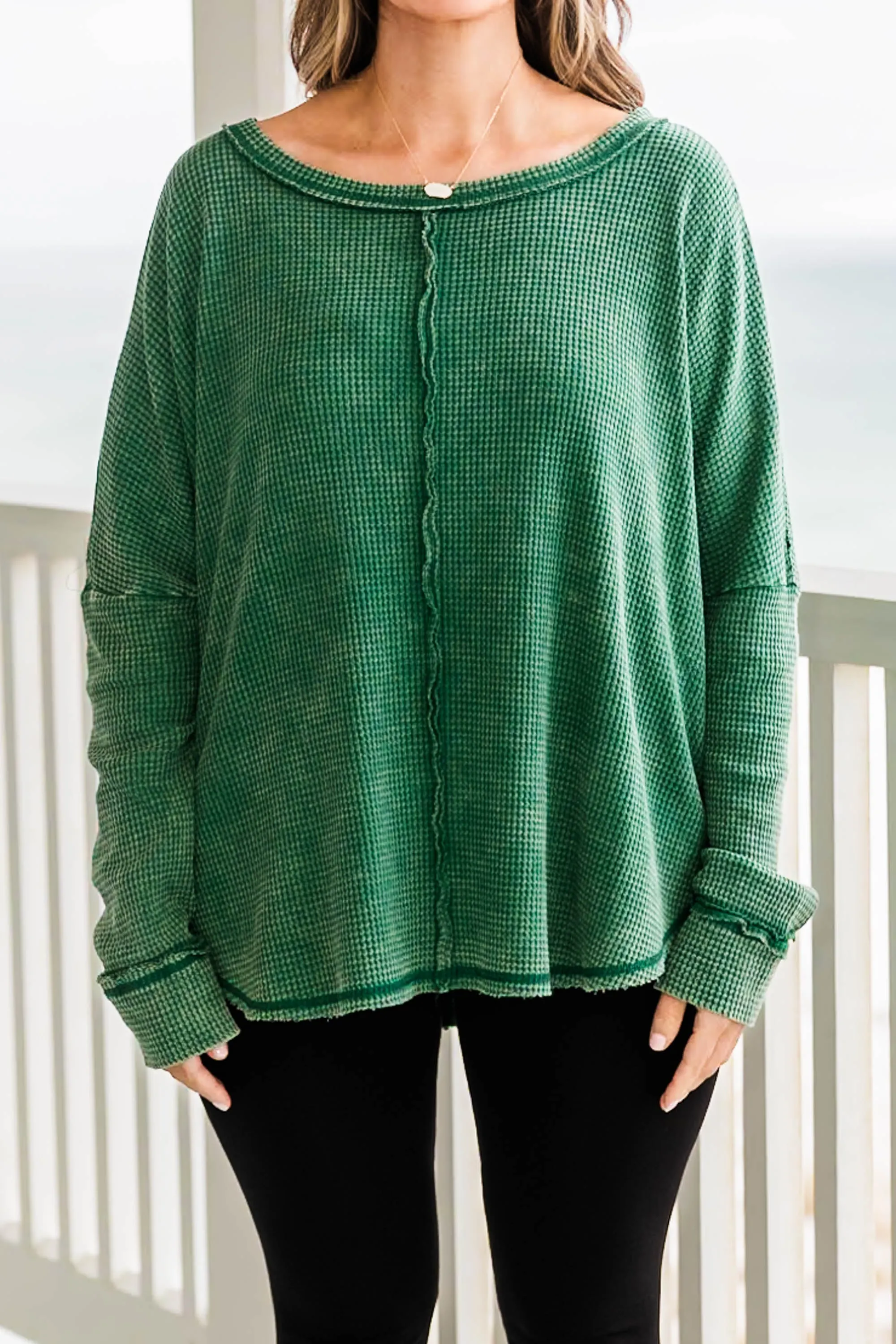 Cozy Waffle Pullover, Dark Green