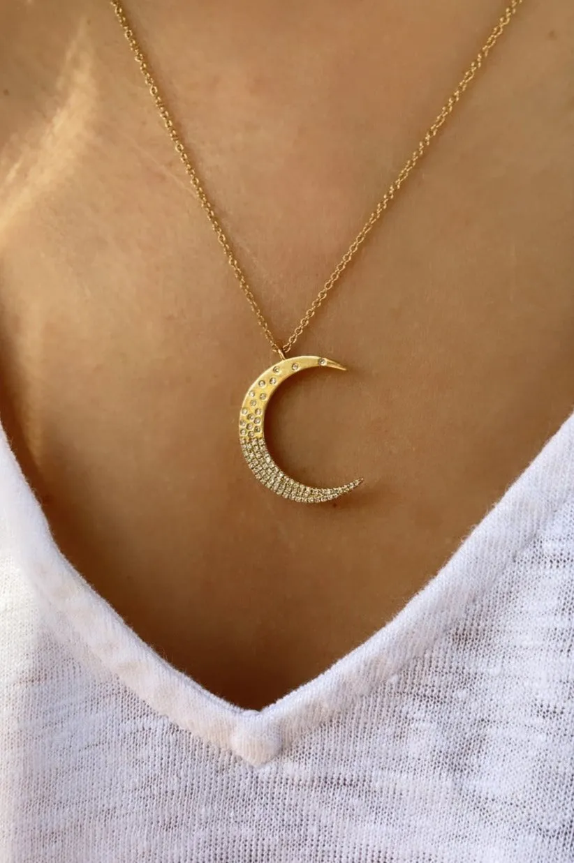 Crescent Moon Necklace With Diamonds in 14k Gold