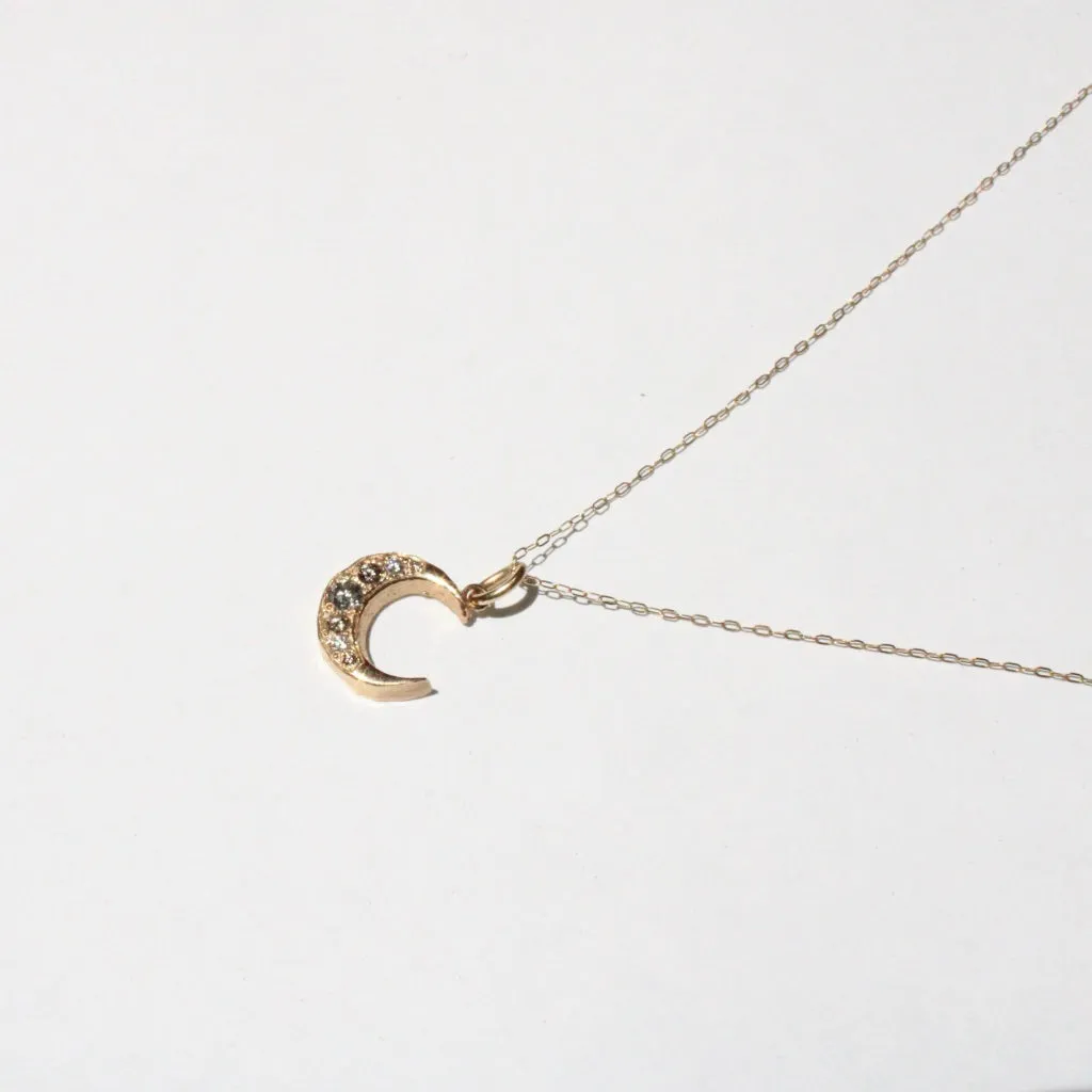 Crescent Moon Pendant with Salt and Pepper Diamonds in 14 Karat Gold