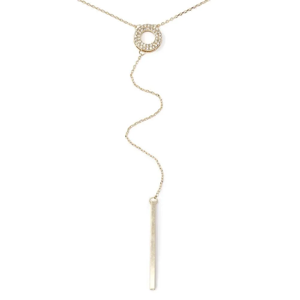 CZ Pave Open Circle Lariat Long Necklace Gold Tone