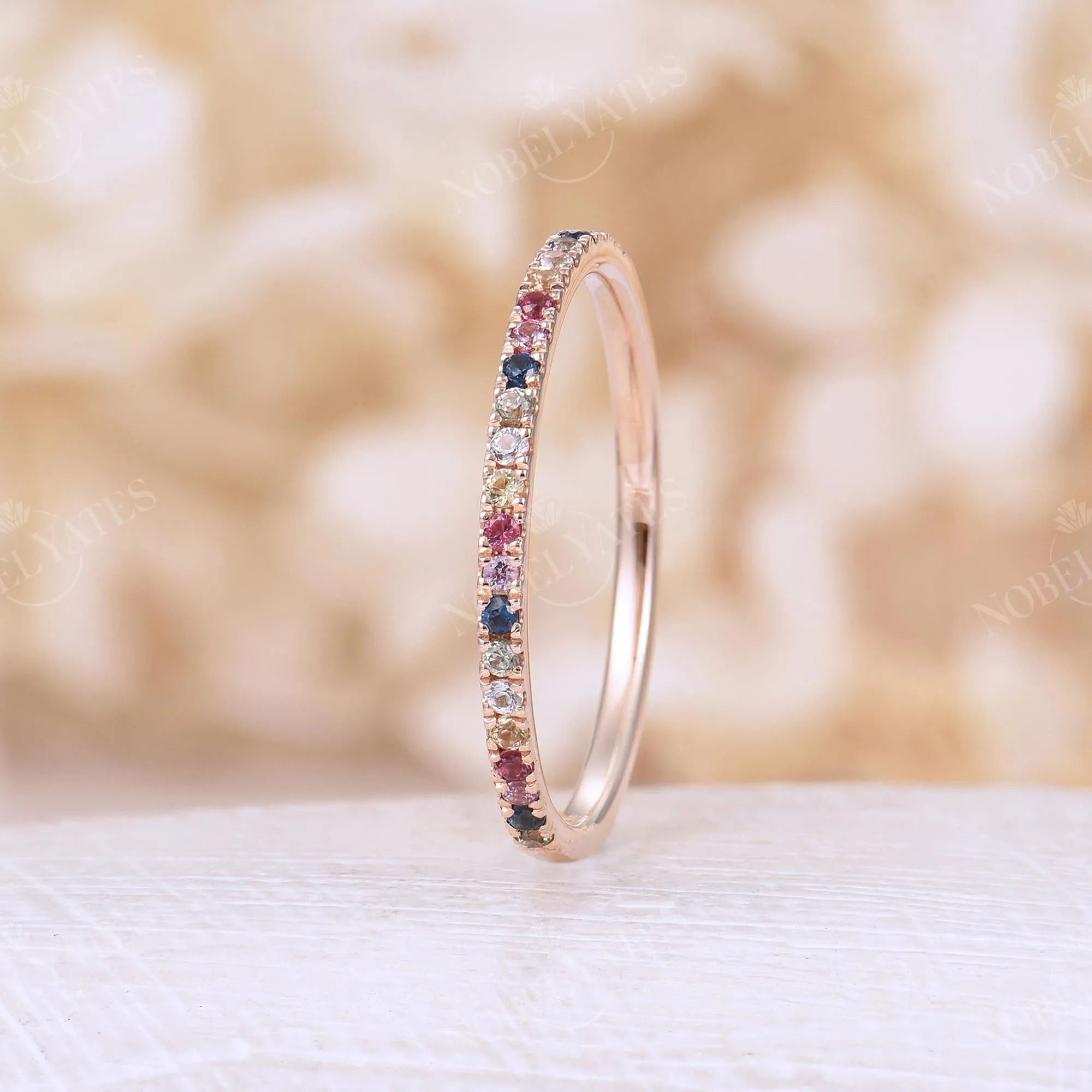 Dainty Natural Sapphire Pave Wedding Band Stacking Rose Gold