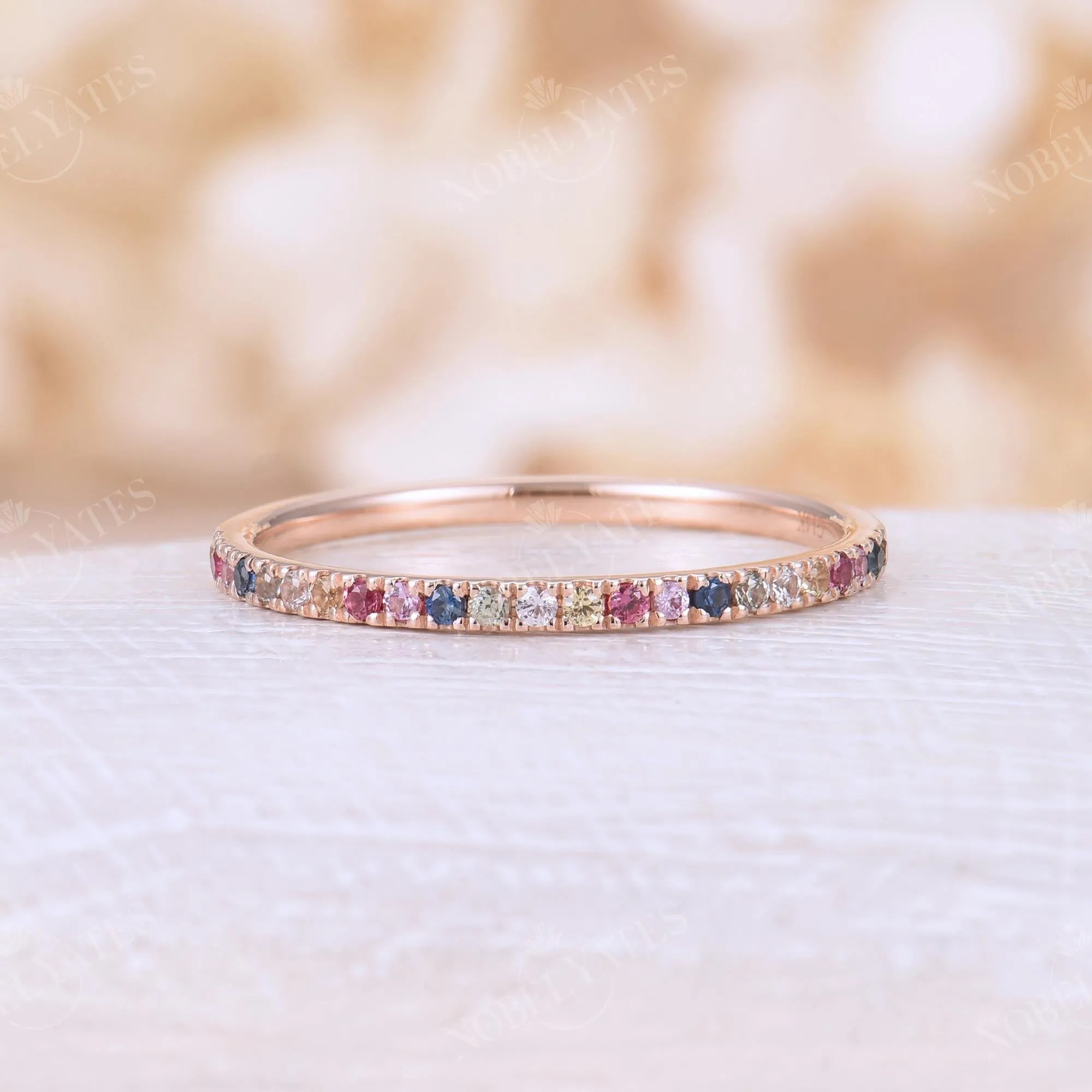 Dainty Natural Sapphire Pave Wedding Band Stacking Rose Gold