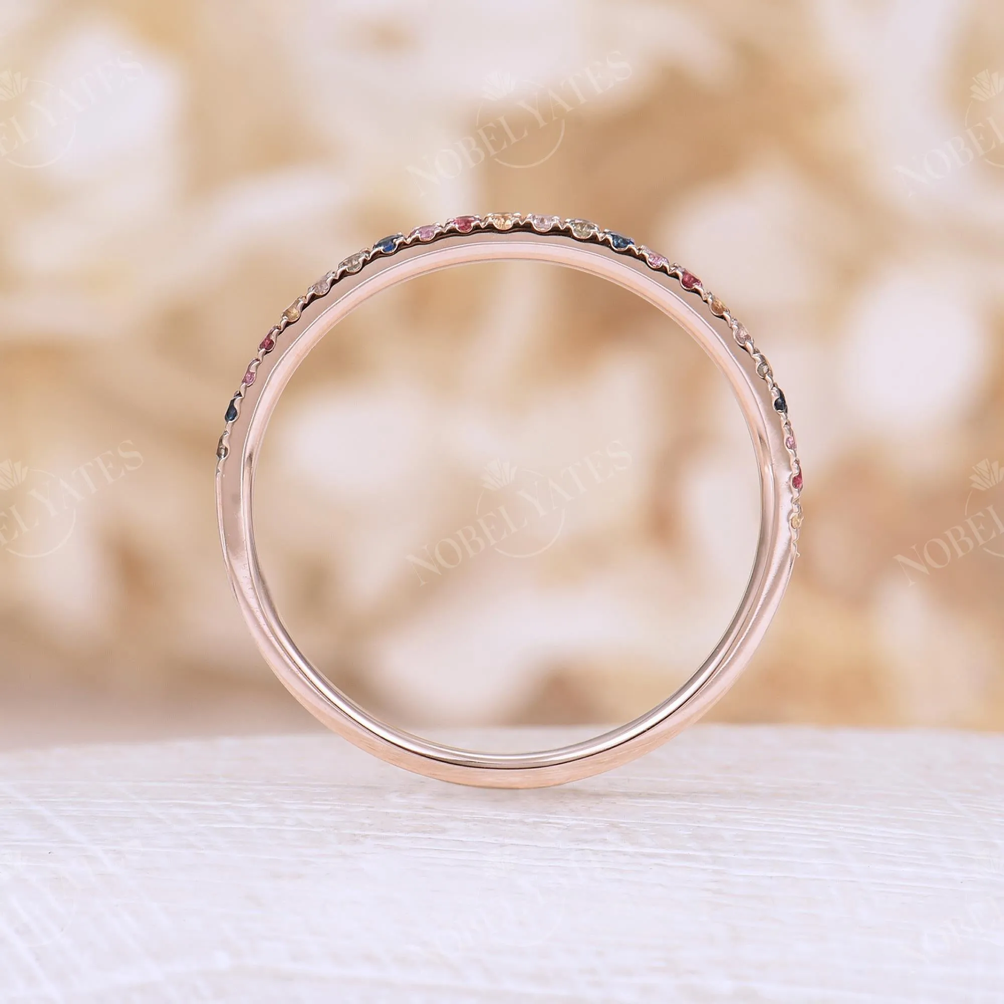 Dainty Natural Sapphire Pave Wedding Band Stacking Rose Gold