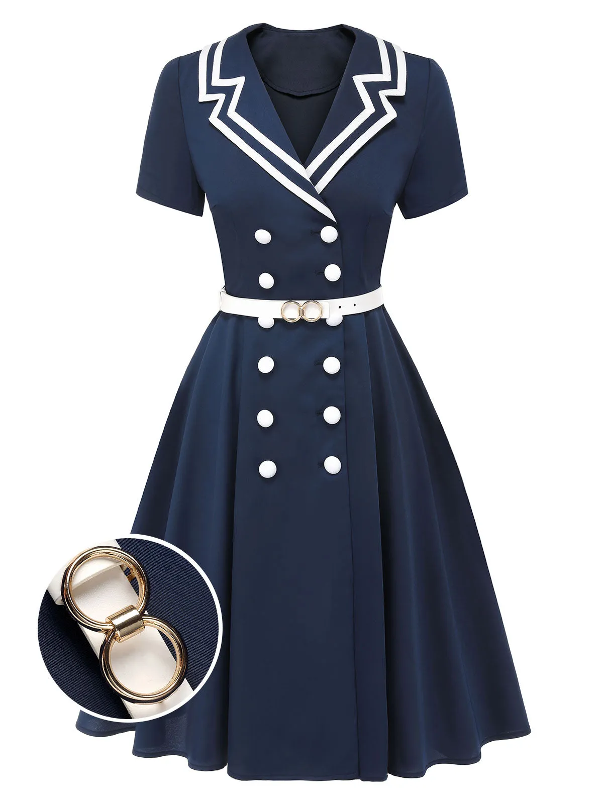 Dark Blue 1950s Sailor Style Double Breasted Dress