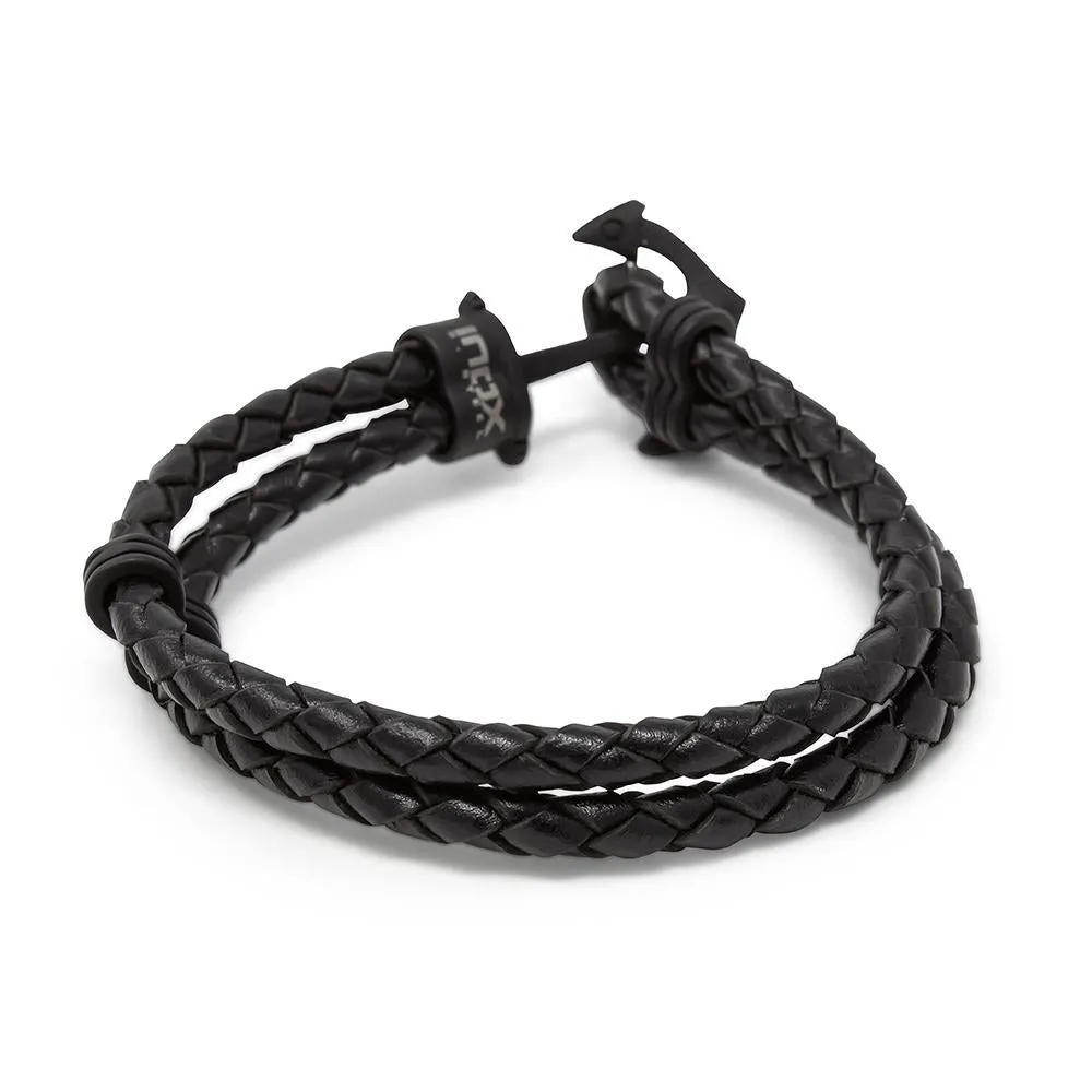 Double Black Braided Leather Black Ion Plated Stainless Steel Anchor Bracelet