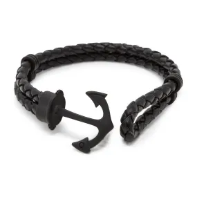 Double Black Braided Leather Black Ion Plated Stainless Steel Anchor Bracelet