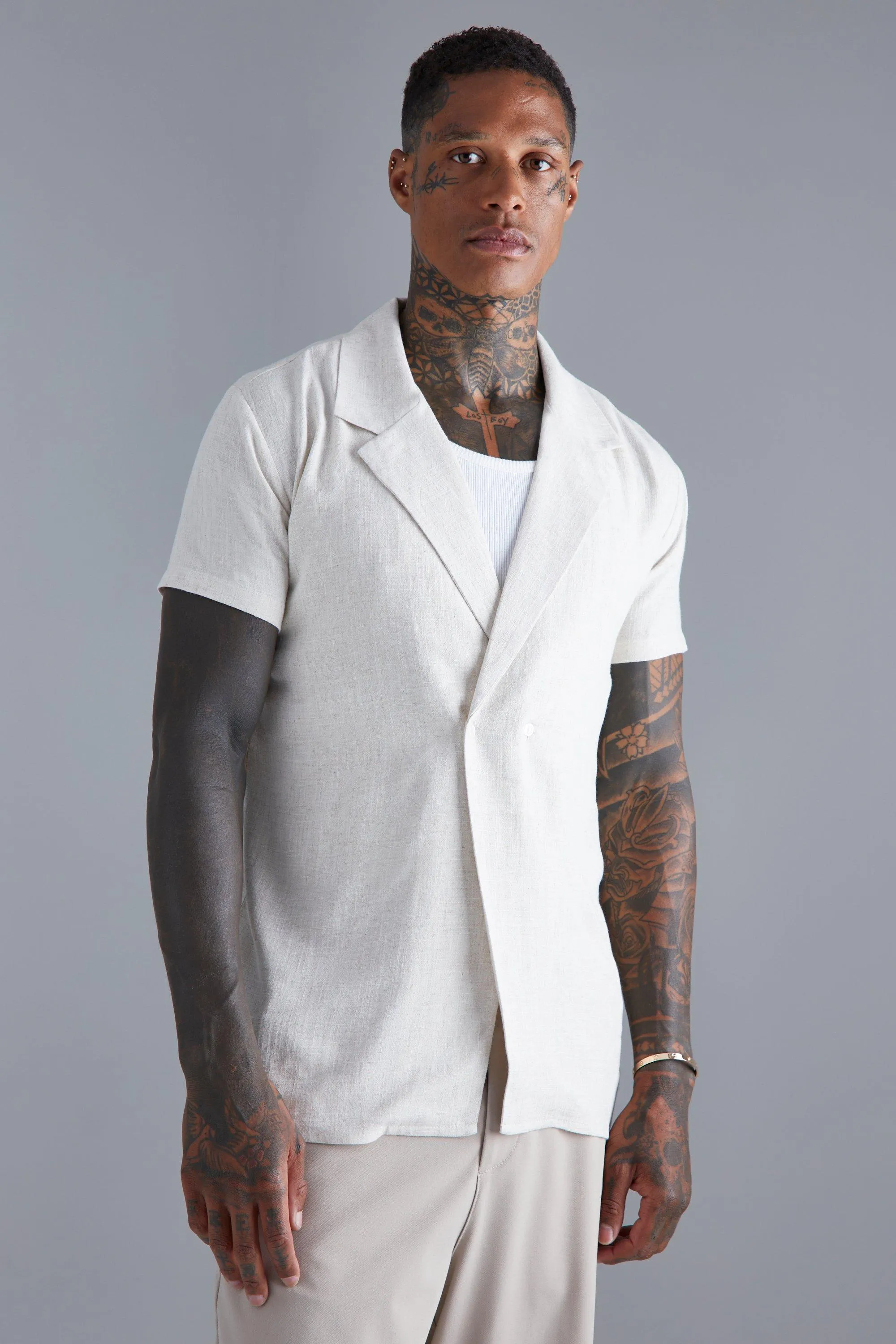 Double Breasted Revere Linen Shirt | boohooMAN UK