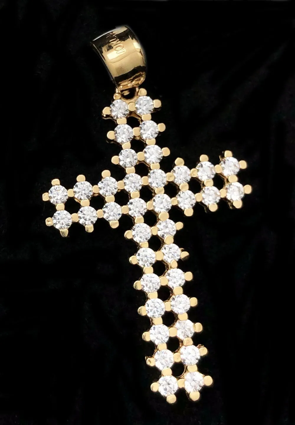 Double Prong Tennis Cross VVS CZ Pendant 10K Yellow Gold