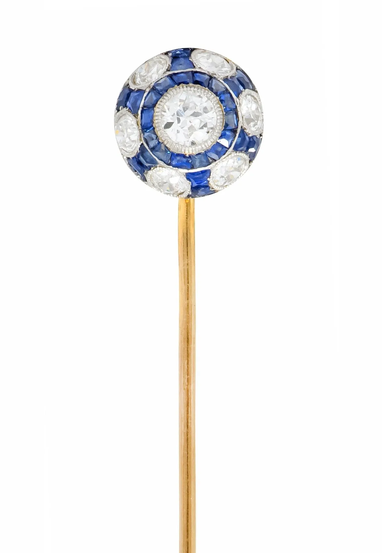 Edwardian Diamond Sapphire Platinum-Topped 18 Karat Gold Stickpin