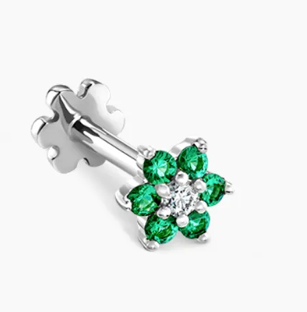 Emerald and Diamond Flower Threaded Stud Earring