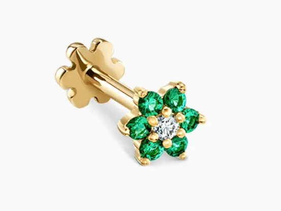 Emerald and Diamond Flower Threaded Stud Earring