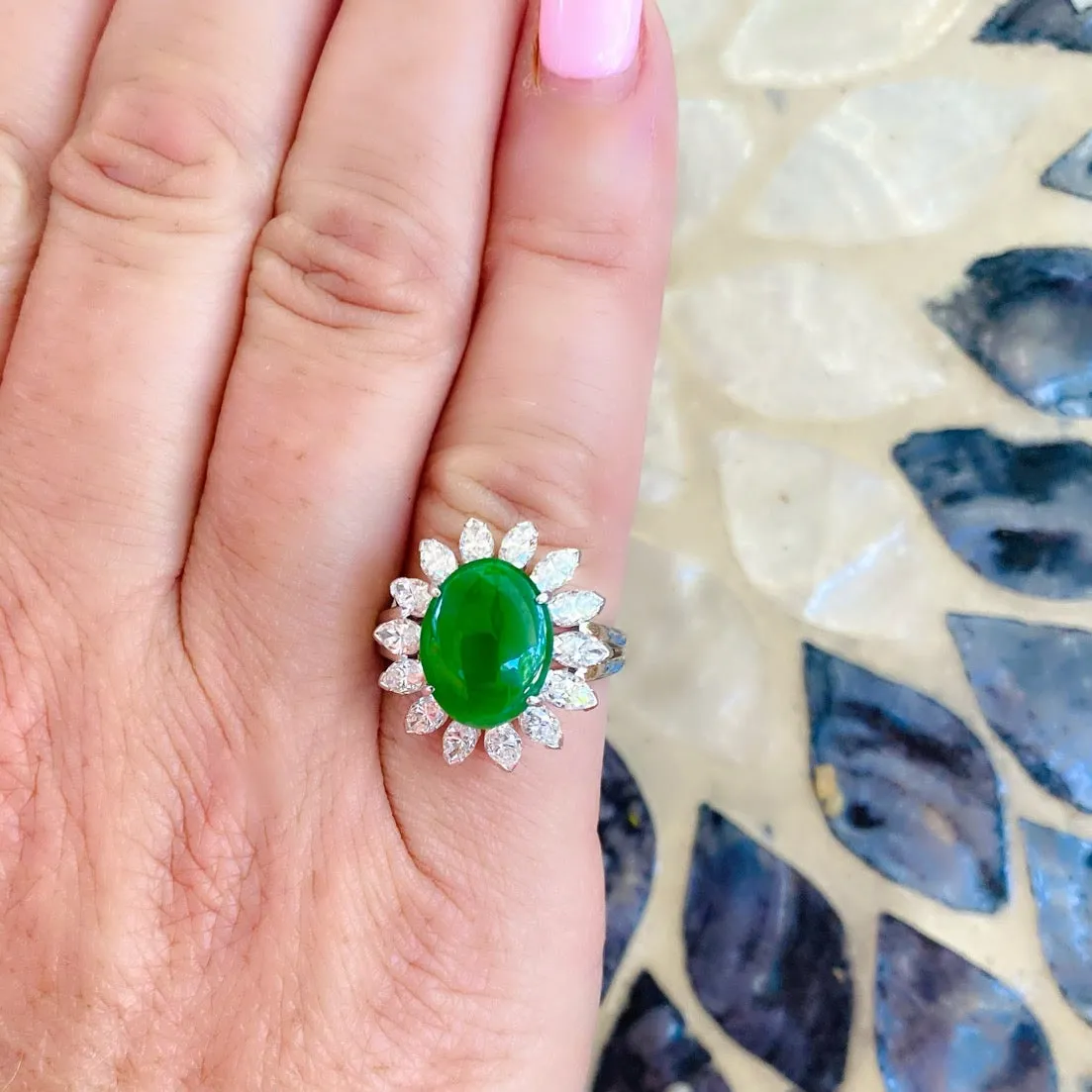 Fine GIA Type A Jadeite & Diamond Platinum Ring