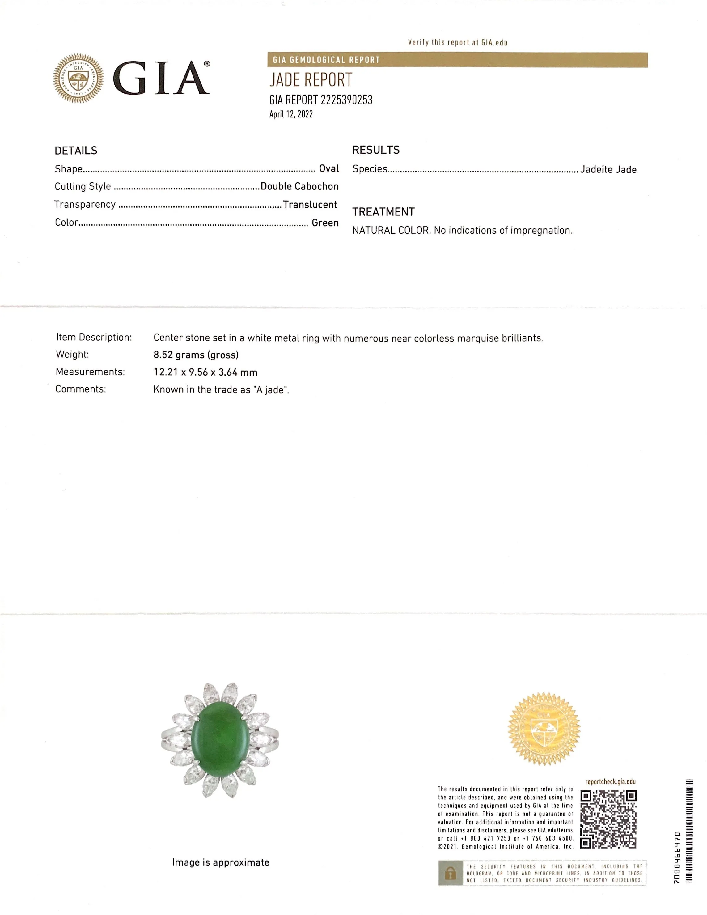 Fine GIA Type A Jadeite & Diamond Platinum Ring