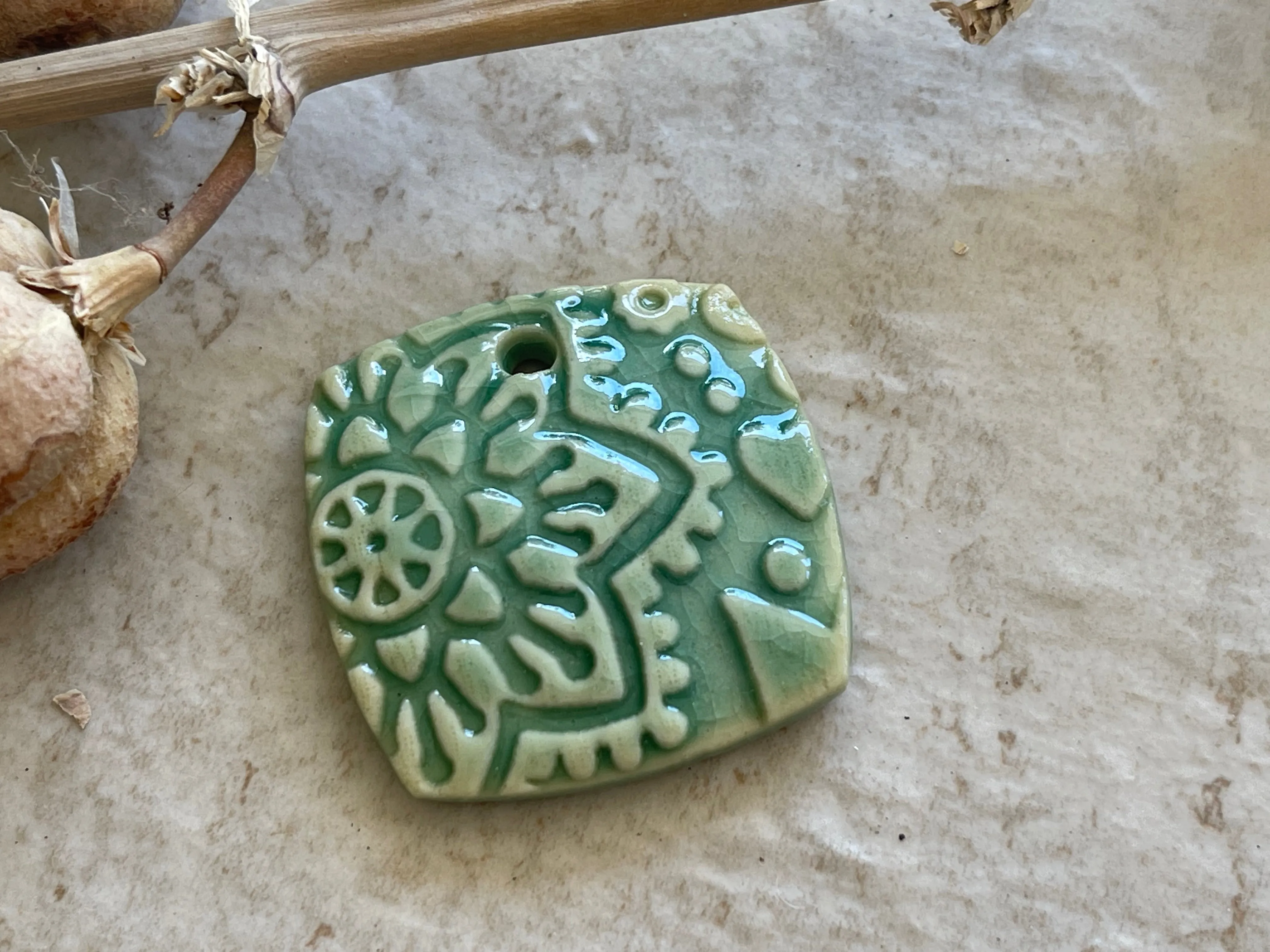 Flower Pendant, Turquoise Pendant, Folk Art, Porcelain Ceramic Pendant, Jewelry Making Components