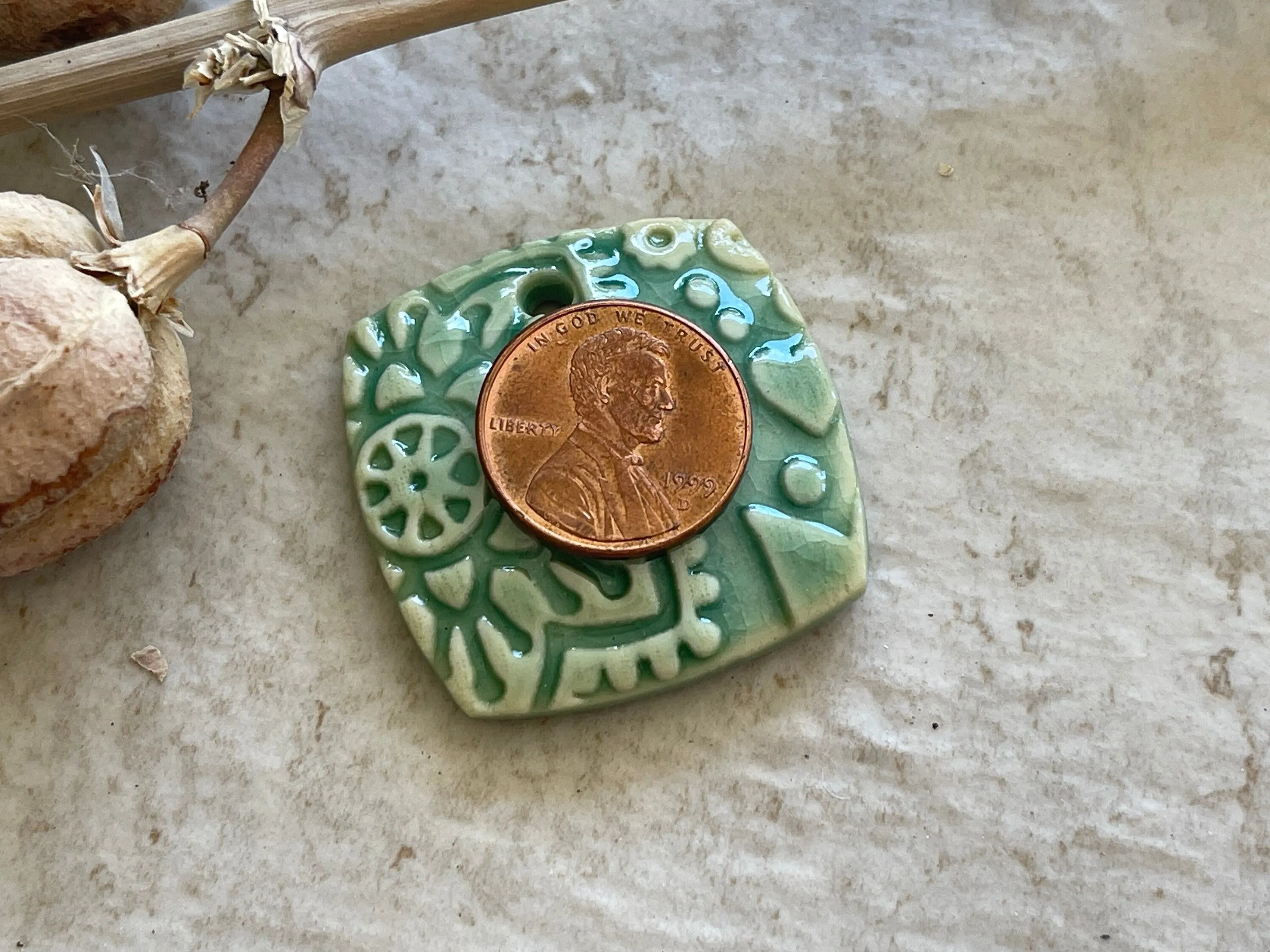 Flower Pendant, Turquoise Pendant, Folk Art, Porcelain Ceramic Pendant, Jewelry Making Components